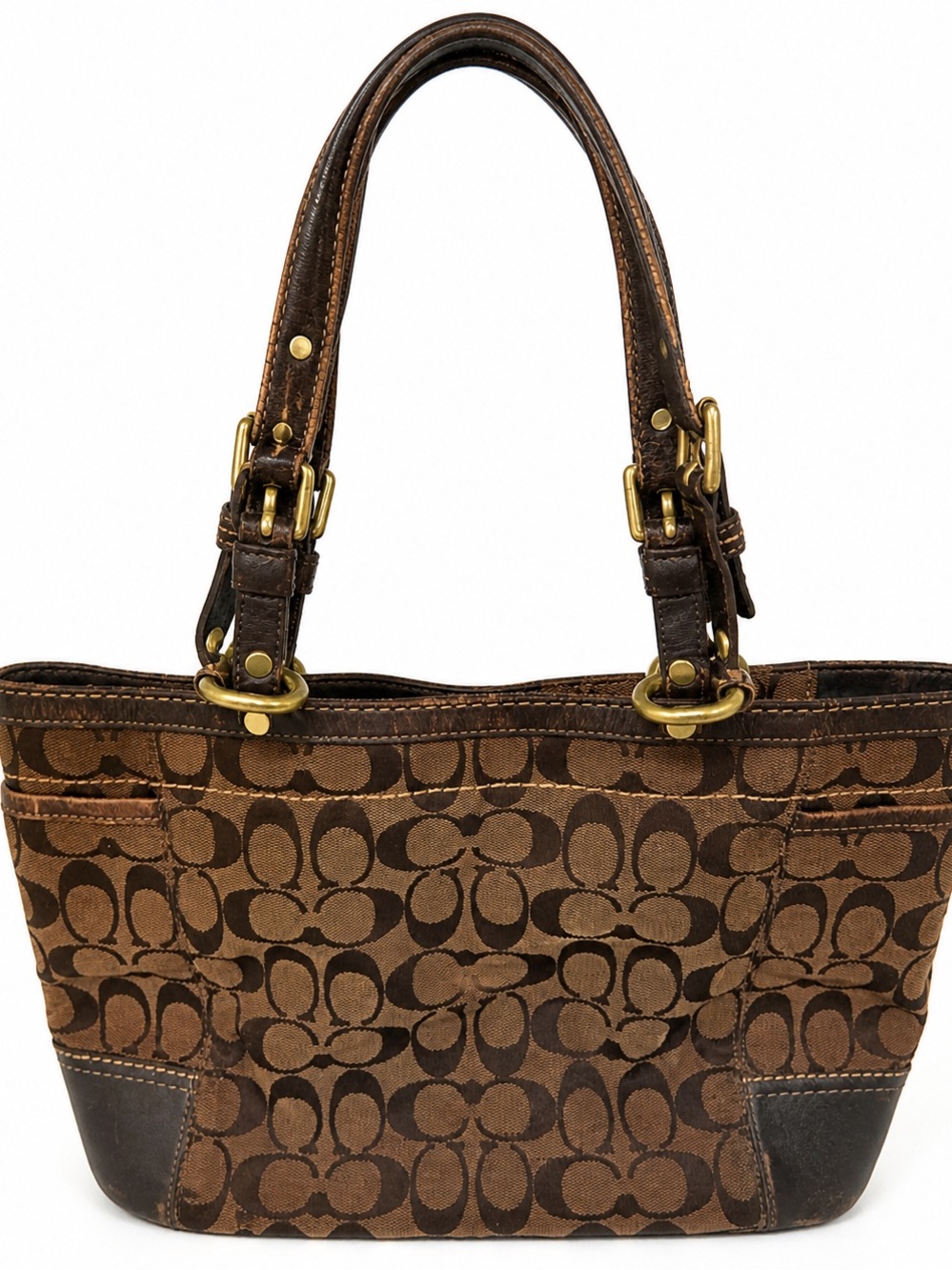 Vintage Coach Signature Shoulder Bag Brown Canvas Leather Trim Gold Hardware